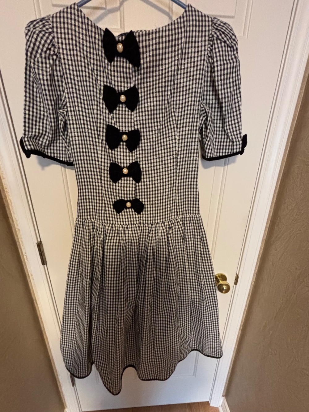 Vtg. Misty Lane Gingham Party Dress, Black Velvet Bows, 7/8